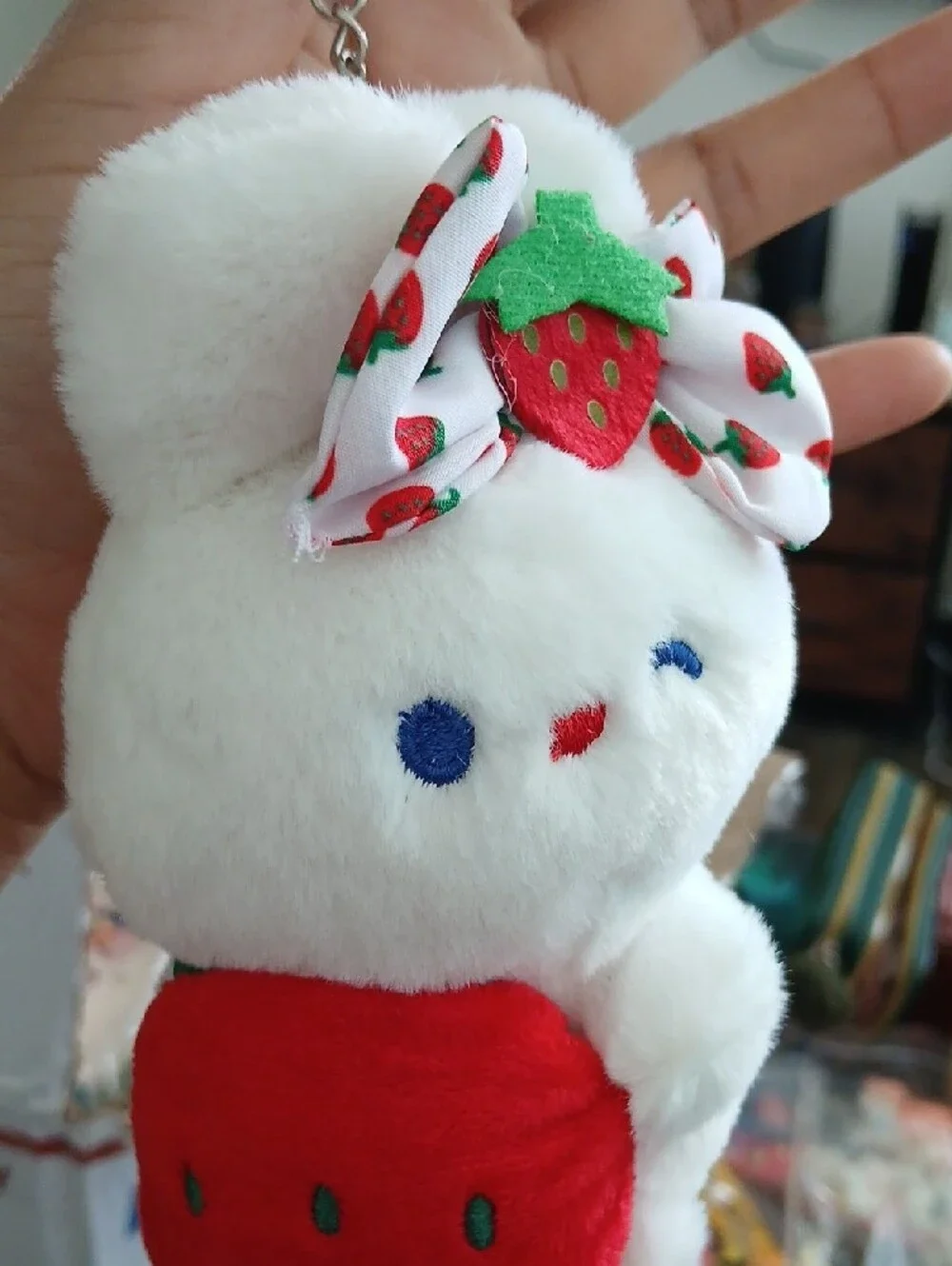 Plush White Strawberry Kitty Keychain - Red Strawberry